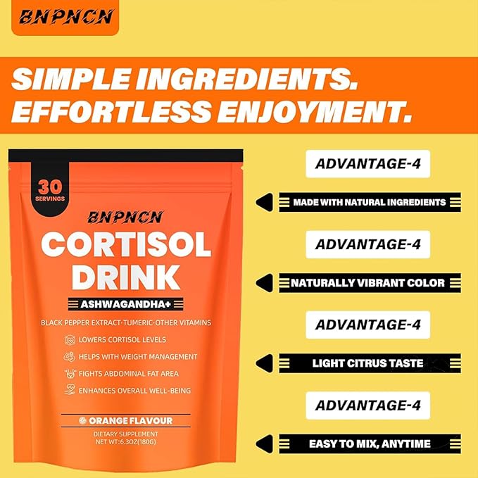 Cortisol Support Drink Mix with Ashwagandha and L-Theanine Stress Relief Supplement Powder for Adults (2pcs Orange)
