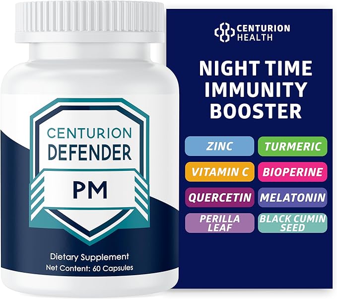 Centurion Defender PM 9-in-1 Natural Sleep + Immune Supplement for Recovery Immunity and Rest Support with Melatonin Quercetin Zinc Black Cumin Seed Perilla Leaf Extract and Vitamin C 60 Caps