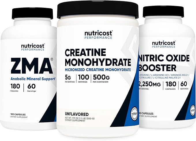 Nutricost Creatine 500 Grams Nitric Oxide 180 Capsules and ZMA 180 Capsules Bundle