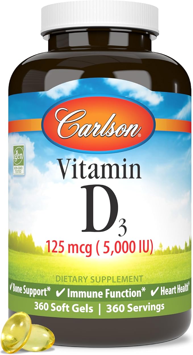 Carlson - Vitamin D3 5000 IU (125 mcg) Bone Health Muscle Health Cholecalciferol Vitamin D Supplements Vitamin D3 Soft Gels 360 Softgels