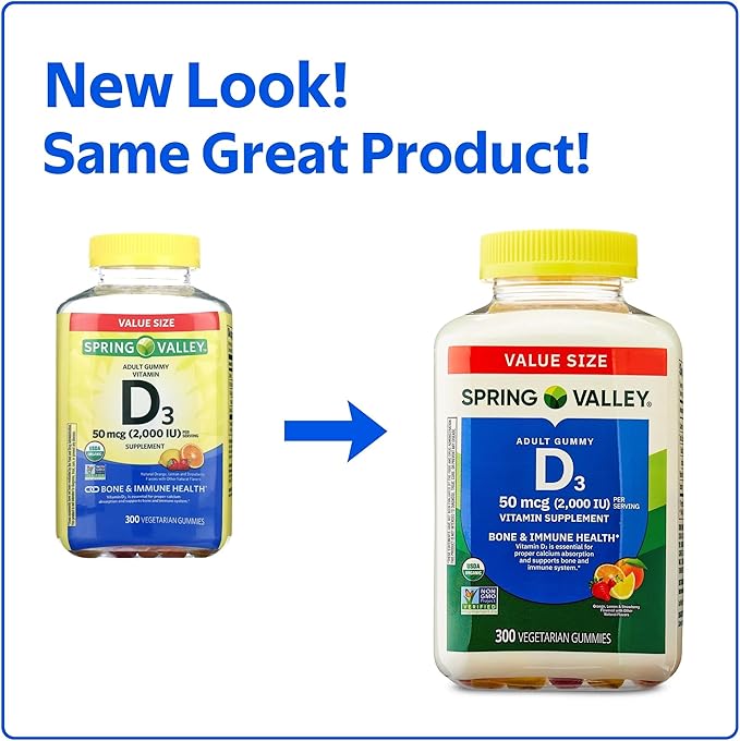 SUREFECT Spring Valley Vitamin D3 50mcg (2000 IU) Gummies - 300 Count - Bone &amp Immune Support Mixed Berry Flavor Vegetarian Organizer.