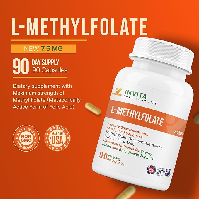 INVITA L-Methylfolate 7.5mg – Physician Formulated Active Methyl Folate - 5-MTHF Supplement for Energy Mood &amp Brain Health Support - Non GMO Gluten Free 90 Capsules (3 Month Supply)