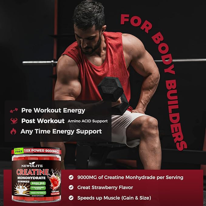 Creatine Monohydrate Gummies 9000MG Strength and Muscle Growth Support 150 Vitamin B Complex Gummies for Adult