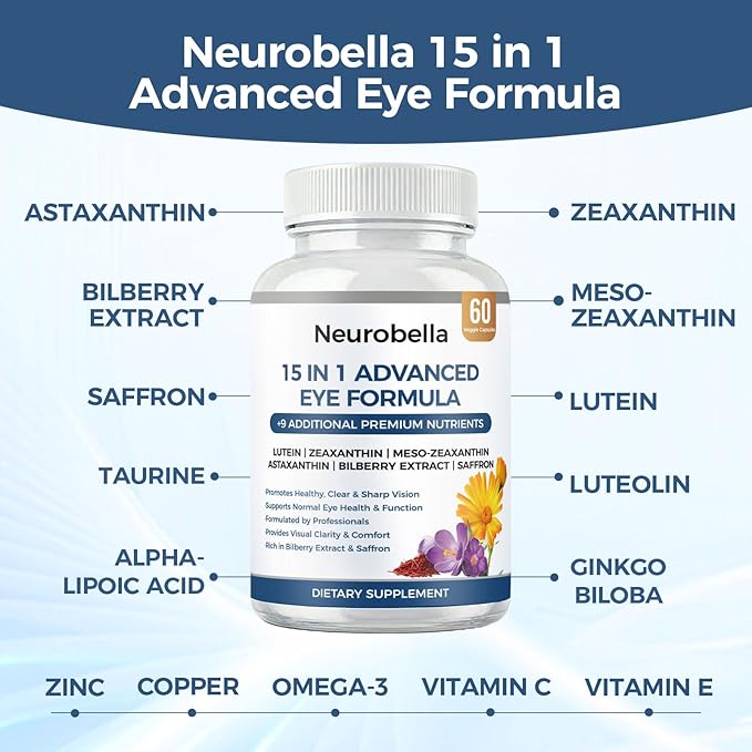 Neurobella Eye Formula Neurobella 15 in 1 Advanced Eye Formula with All 3 Carotenoids Lutein &amp Zeaxanthin Saffron &amp Bilberry Extract