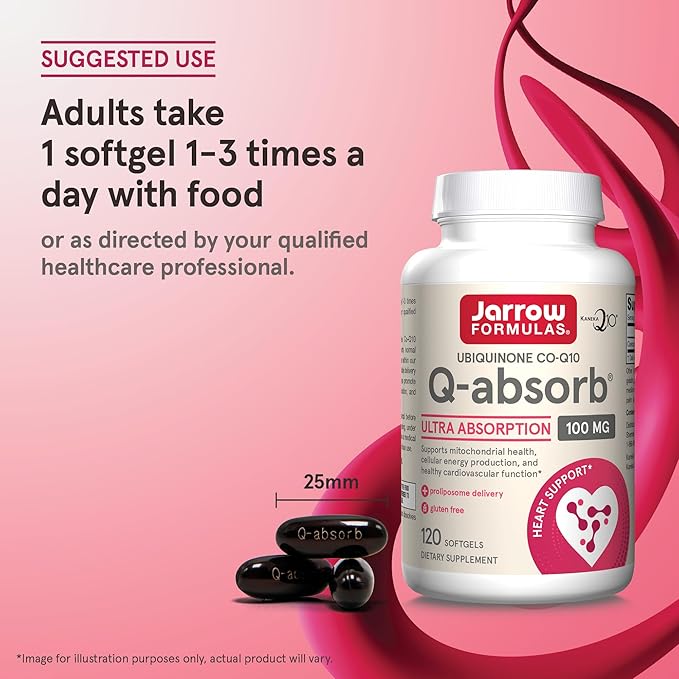 Jarrow Formulas Q-absorb Ubiquinone Co-Q10 100 mg Dietary Supplement Antioxidant Support for Mitochondrial Health Cellular Energy Production and Cardiovascular Health 120 Softgels 120 Day Supply