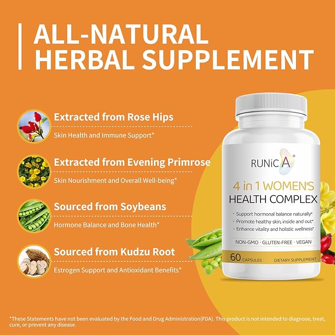 4in1 Women's Hormone &amp Beauty Complex | Menopause Relief Supplement for Hot Flashes Night Sweats &amp Mood | Soy Isoflavones Pueraria Rosehip &amp Evening Primrose - 90-Day Ultimate Supply