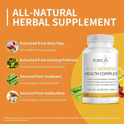 4in1 Women's Hormone &amp Beauty Complex | Menopause Relief Supplement for Hot Flashes Night Sweats &amp Mood | Soy Isoflavones Pueraria Rosehip &amp Evening Primrose - 90-Day Ultimate Supply
