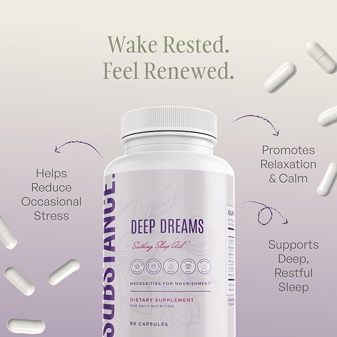 SUBSTANCE. Nature’s Deep Dreams Soothing Sleep Aid – Melatonin L-Glycine L-Tryptophan Valerian Root &amp Jujube Extract – Natural Sleep Support Supplement for Restful Sleep – 90 Capsules