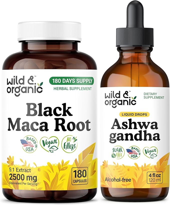 Wild &amp Organic Black Maca Root 180 Capsules &amp Ashwagandha Tincture 4 fl oz