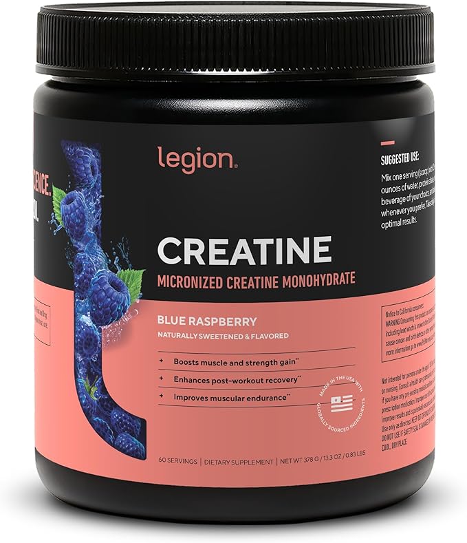 LEGION Micronized Creatine Monohydrate Supplement - Clean Creatine Powder for Muscle Gain &amp Post Workout Recovery - Micronized Creatine Supplement for Maximum Absorption (60 Servings Blue Raspber