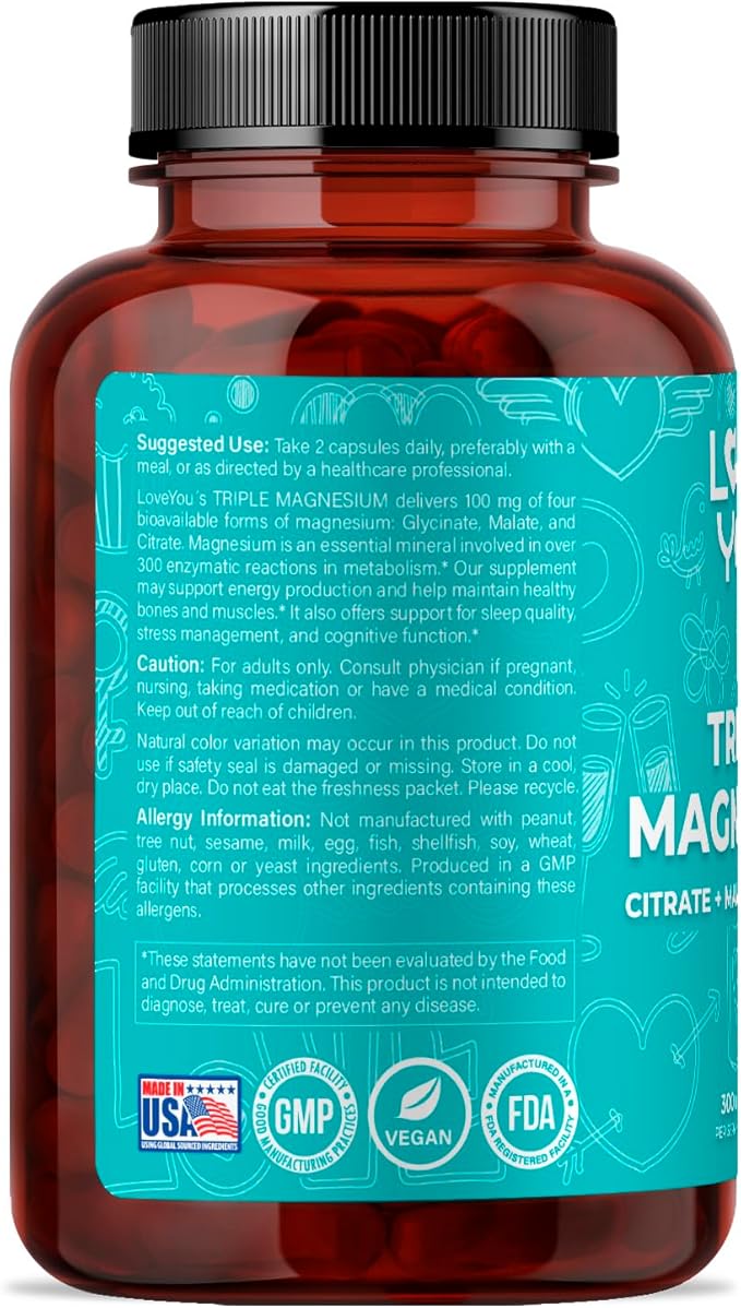 Love You Triple Magnesium Complex – 300mg per Serving Premium Magnesium Glycinate Citrate &amp Malate – High Absorption for Muscle Nerve &amp Sleep Support 90 Veggie Capsules