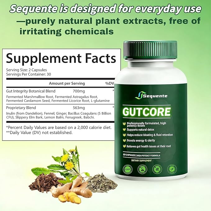 Sequente GutCore Max Strength Gut Drainage Capsules – Fast Bloat Relief &amp Gentle Detox for Clear Skin | Vegan All-NaturalNon-GMO (60 Caps)