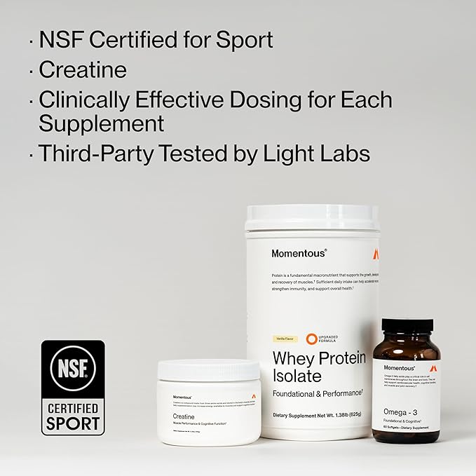 Momentous Three - Creatine Monohydrate Powder (30 Servings) Grass-Fed Whey Protein Powder (Vanilla) &amp Omega-3 Fish Oil 1600mg - Daily Essentials for Strength Performance &amp Lean Muscle Recove