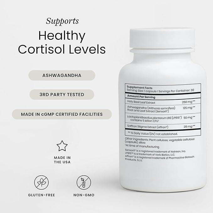 Perelel Stress Support Supplement with Ashwagandha Saffron Holy Basil and Probiotic Plant Based Formula for Relaxation and Wellness Support Gluten Free Non GMO 30 Capsules