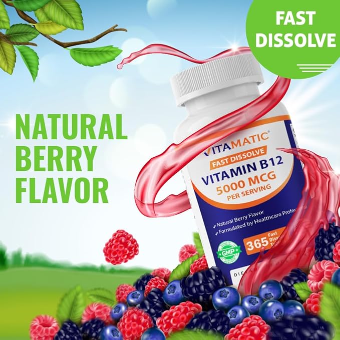 Vitamatic Vitamin B12 5000 mcg – 365 Fast Dissolve Tablets Berry Flavor – Supports Energy Production &amp Nervous System Health – Non-GMO Gluten-Free- 2 Pack
