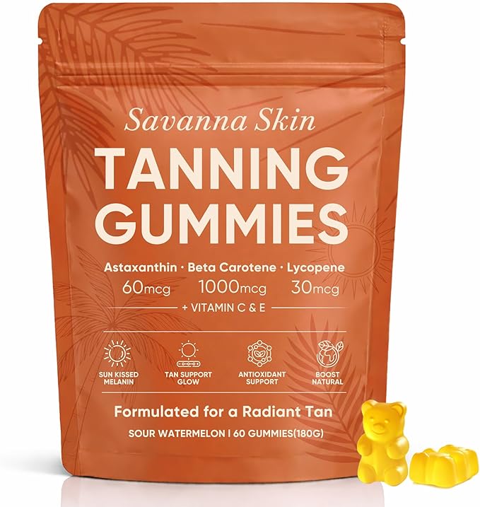 Savanna Skin Tanning Gummies Astaxanthin Beta Carotene &amp Lycopene Blend with Vitamins C &amp E Radiant Healthy Skin Sour Watermelon Flavor Vegan &amp Sugar-Free 60 Count