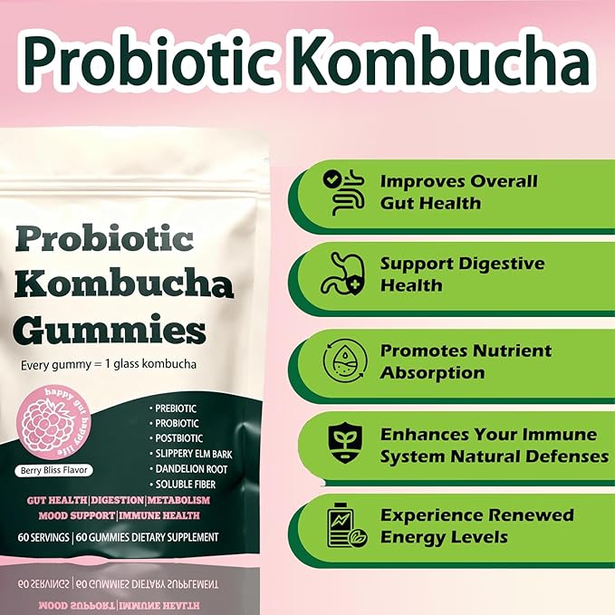 Infuse Probiotic Kombucha Gummies – 60 Gummies with Prebiotics Postbiotics &amp FiberIncludes Slippery Elm Dandelion Root &amp MCT OilSupports Digestive Health Bloating Relief &amp Gut Suppor