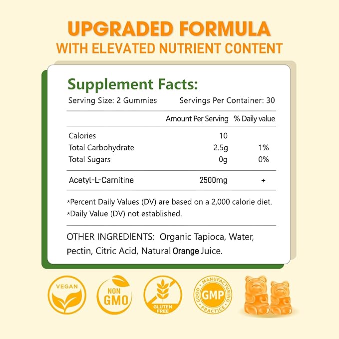 2 Pack Acetyl L-Carnitine Supplement Natural Nutrition Supplement for Boost Energy Immunity Vegan Orange Flavor 120 Count