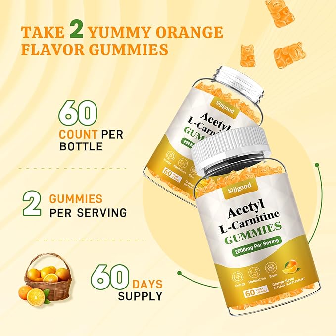 2 Pack Acetyl L-Carnitine Supplement Natural Nutrition Supplement for Boost Energy Immunity Vegan Orange Flavor 120 Count