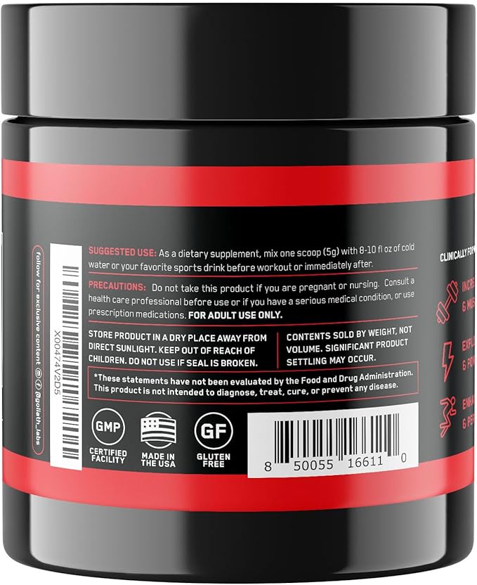 Goliath Labs Pure Creatine Monohydrate Powder - 300g Unflavored Micronized Creatine for Strength Power Muscle Support &amp Endurance - 60 Servings - Fitness Supplement for Men &amp Women