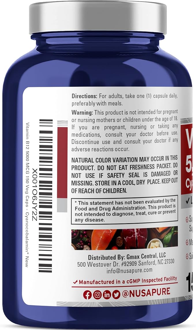 NusaPure Vitamin B12-5000 MCG 150 Veggie Capsules (Non-GMO Vegan) - Max Strength Vitamin B12
