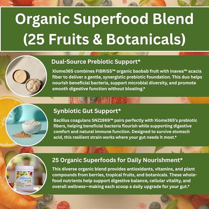 Xooma Xiome365 Gut Health Drink Mix – Organic Prebiotic Fiber + Polyphenols + B. Coagulans | Supports Gut Lining &amp Microbiome | No Sugar Dairy-Free Great Taste | Daily Gut Support Powder
