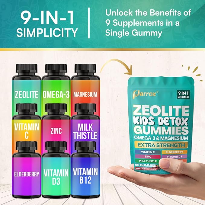 Zeolite Kids Detox Gummies 9-in-1 Extra Strength with Zeolite Omega-3 Magnesium Elderberry Vitamin C Milk Thistle Vitamin D3 Zinc B12 – Sugar-Free (Mixed Berry Flavor - 2 Pack)