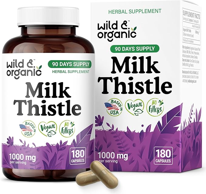 Wild &amp Organic Milk Thistle Capsules 1000mg - Liver Supplement - Silymarin Milk Thistle Seeds Powder for Liver Support - 180 Vegan Capsules - 3-Month Supply - No Fillers Non-GMO