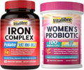 Iron Supplement for Women &amp Men with Vitamins C B6 B12 &amp Folate+Vitalibre Women's Probiotics 100 Billion CFU 15 Strains w/Prebiotic Cranberry Vitamin B6 &amp VC