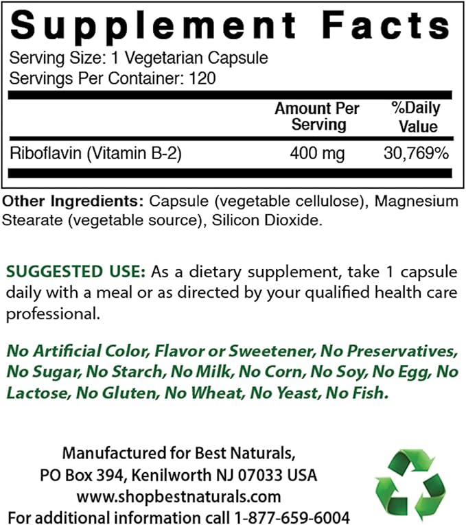 Best Naturals Vitamin B2 (Riboflavin) 400mg &amp Vitamin B-6 25 Mg