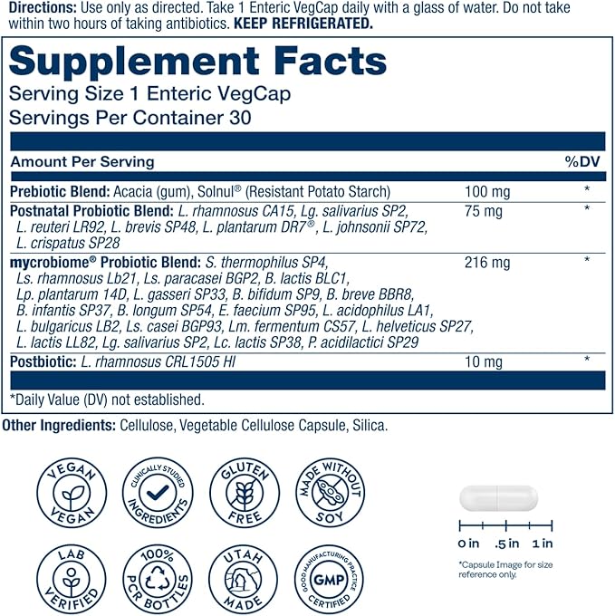 SOLARAY Mycrobiome Complete Probiotic Postnatal - Pre and Probiotics for Women and Men Plus Postbiotic - 50 Billion CFU 23 Strains - Vegan Clinically Studied Ingredients - 30 Servings 30 VegCaps