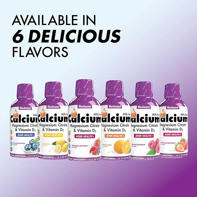 Bluebonnet Liquid Calcium Citrate Magnesium Citrate Vitamin D3- Bundle of Orange Blueberry and Strawberry Flavor 3 Bottle of 16 Fl Oz Each (48 Fl Oz Total)