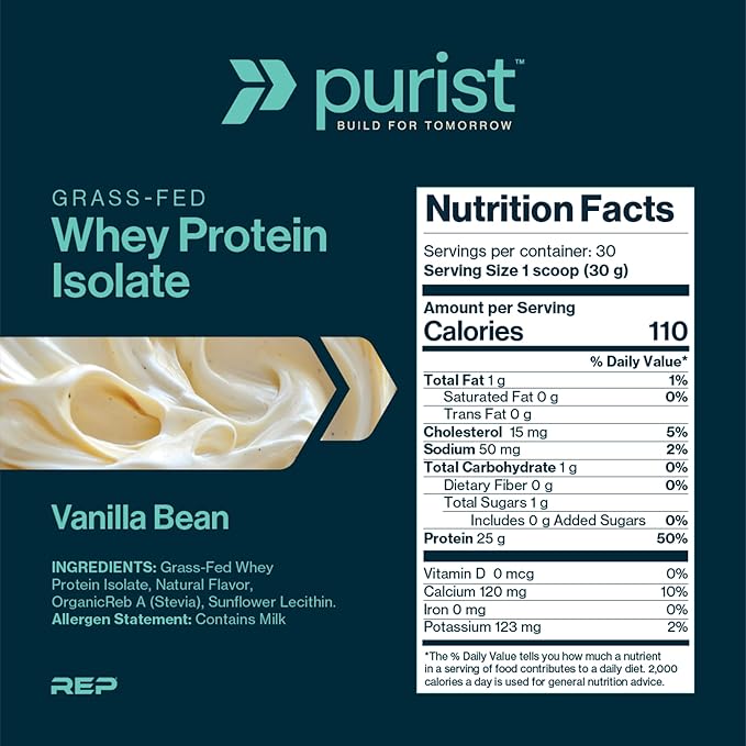 PURIST REP Whey Protein Powder Premium Vanilla Grassfed IsolateWorkout Recovery Keto Friendly Clean Nutrition Meal Replacement Promotes Lean Muscle Sugar and Gluten-Free Women Men 2 Lb