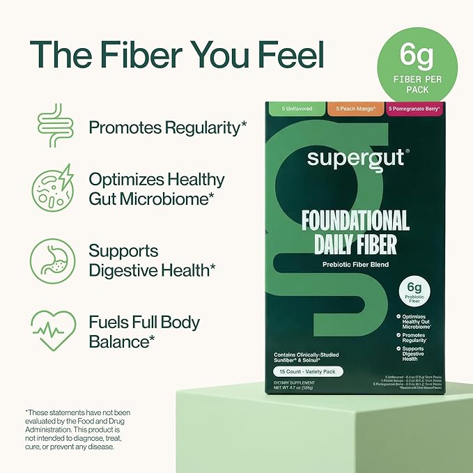 Supergut Foundational Daily Fiber Vegan &amp Sugar Free Prebiotic Powder Blend for Gut Health &amp Digestive Support Plant Based Supplement for Men &amp Women with 6g of Fiber Variety Pack 15 S