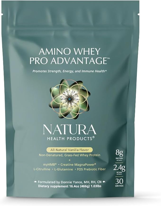 Natura Health Products Amino Whey Pro Advantage™ - Grass-Fed Whey Protein with HMB Creatine L-Glutamine. Clean Ingredients for Muscle Growth Recovery (8 Grams of Protein per Scoop - 30 Servings)