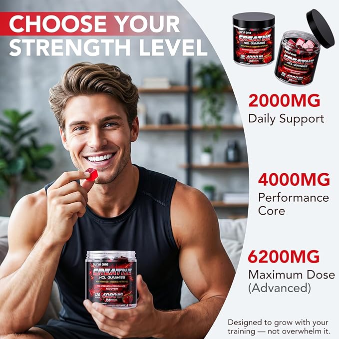 Creatine HCL Gummies 4000mg per Serving – High-Strength Performance Support Split-Dose Absorption No Bloating No Mixing Strawberry Flavor 1 Pack
