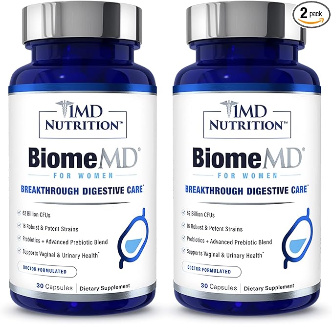 1MD Nutrition BiomeMD Probiotics for Women - 62 Billion CFUs 16 Strains with Prebiotics | Supports Vaginal &amp Urinary Health - Doctor-Formulated | 30 Capsules (2-Pack)