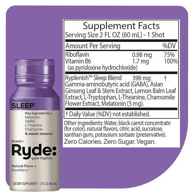 Ryde: SLEEP | 2oz Sleep Shot for Occasional Use | Melatonin GABA L-Theanine &amp Chamomile | Blackberry Natural Flavor | Sugar-Free Zero Calories Vegan | Manufactured in USA (8 Pack)