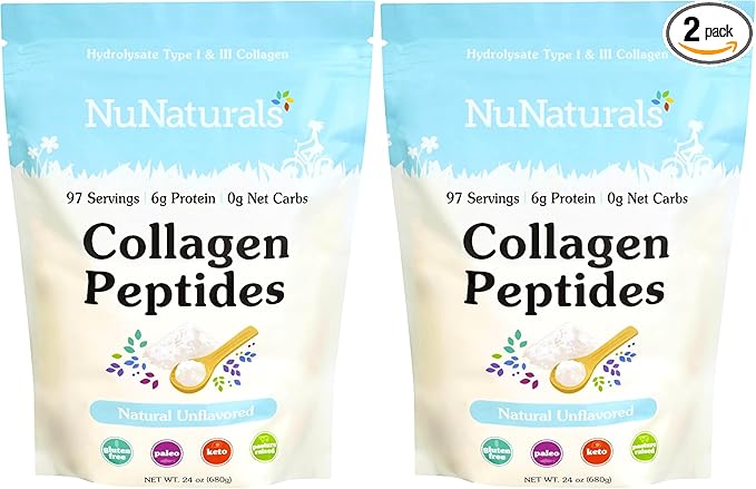 Nunaturals Collagen Peptides Powder (Type I III) for Skin Hair and Nail 24oz (Pack of 2)