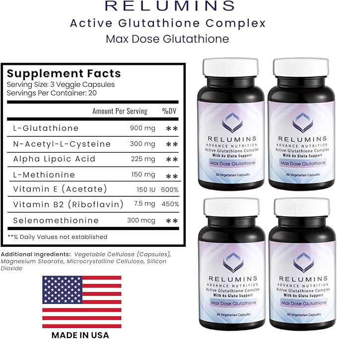 Relumins Advance White Active Glutathione Complex - Max Dose 900mg Glutathione with 6X Boosters ALA &amp NAC - Spring Glow Essentials Anti-Aging &amp Skin Brightening Supplement - 60 Caps x 10 Bott