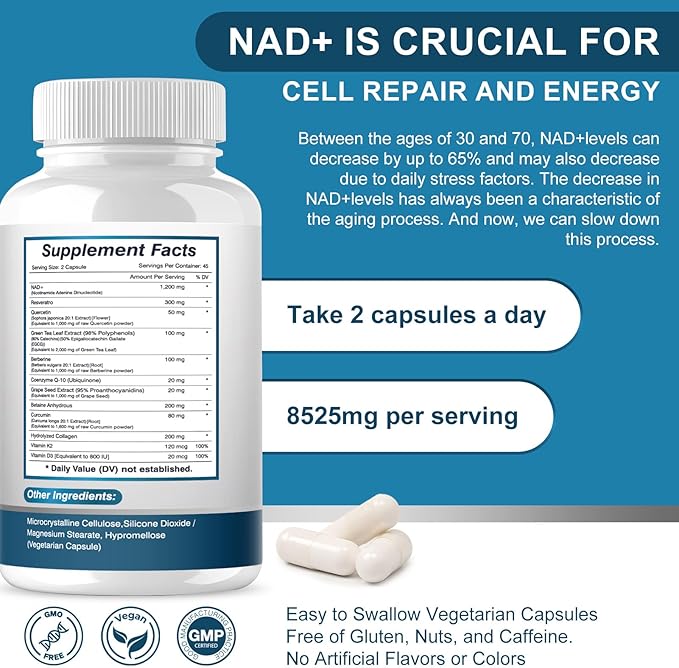 NAD+ Supplement 8525 mg Liposomal NAD Resveratrol Supplement for Women and Men with Coptisine Quercetin Curcumin Supports Cellular Health Energy &amp Healthy Anti-Aging 180 Counts