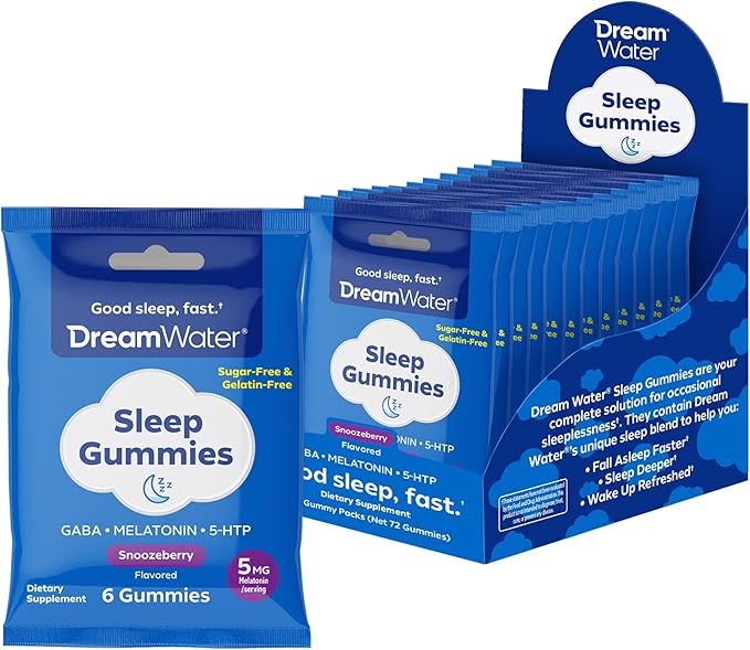 Dream Water Sleep Aid Melatonin Gummies with GABA &amp 5-HTP Naturally Flavored Sleep Gummies Snoozeberry Flavor - 6ct Pouches x 12pack