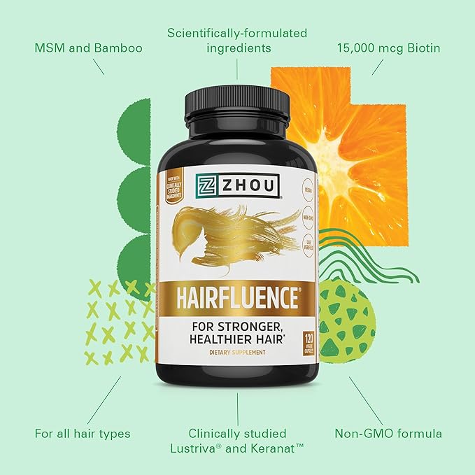 Zhou Hairfluence - Vegan Biotin Supplement for Hair Growth for Men &amp Women Supports Stronger Healthier Hair Nails &amp Glowing Skin with Lustriva &amp B Vitamin Complex - 120 Veggie Capsules