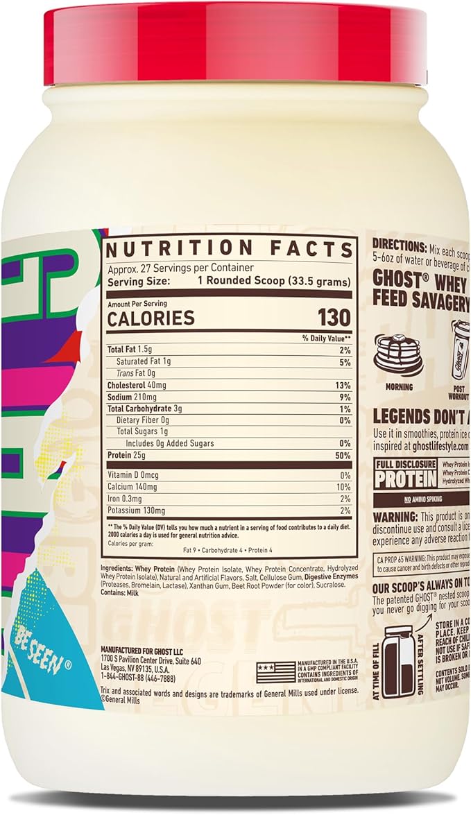 GHOST Whey Protein Powder Trix Cereal Milk - 2LB 25G of Protein - Whey Protein Isolate &amp Concentrate Blend - Post Workout Fitness &amp Nutrition Shakes Smoothies &amp Baking - Soy &amp Glute