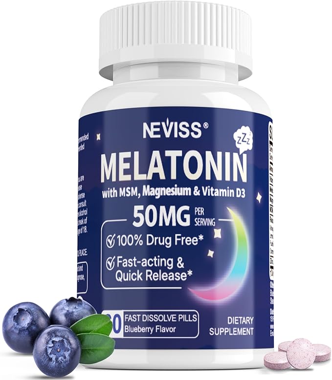 NEVISS Melatonin 50 mg for Adults - Extra Strength 9-in-1 Fast Dissolve Sublingual - High Dose with Magnesium Glycinate Vitamin D3 Ashwagandha Lemon Balm Chamomile Sugar Free Vegan60 Tablets