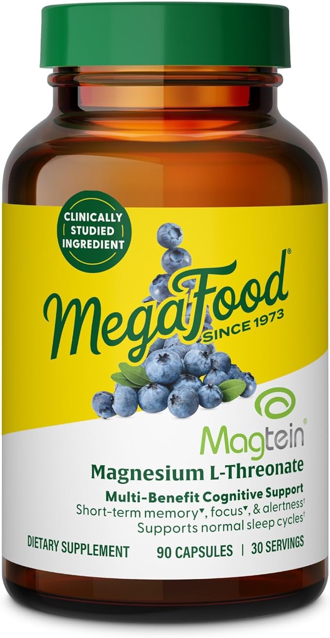 MegaFood Magtein Magnesium L-Threonate - Magnesium Supplement 2000mg Per Serving - Supports Short-Term Memory Focus Alertness &amp Normal Sleep Cycles - Vegan Gluten Free - 90 Capsules 30 Serving