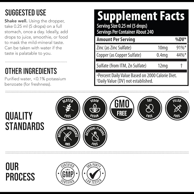 Ionic Zinc Plus Copper Liquid Concentrate 240 Servings Glass Bottle Vegan - Balanced Ratio of Zinc Copper - Supports Immunity Brain Thyroid (2 oz.)