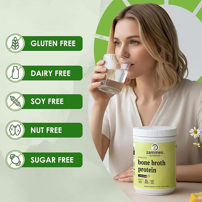 Zammex Beef Bone Broth Protein Powder - Grass-Fed Hydrolyzed Collagen 8g Protein per Serving Supports Hair Skin and Joint &amp Bone Health Keto Paleo Friendly 30 Servings - Lemongrass