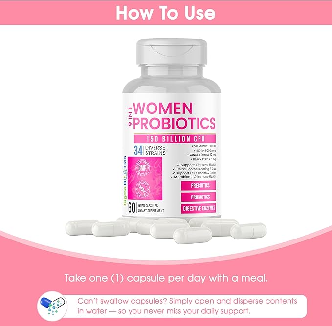 Women's Probiotics 150 Billion CFU – 34 Strains with Organic Prebiotics &amp Digestive Enzymes – Urinary Tract &amp Digestive Health – 60 Vegan Capsules with D3 and Biotin – Gluten-Free Non-GMO Da