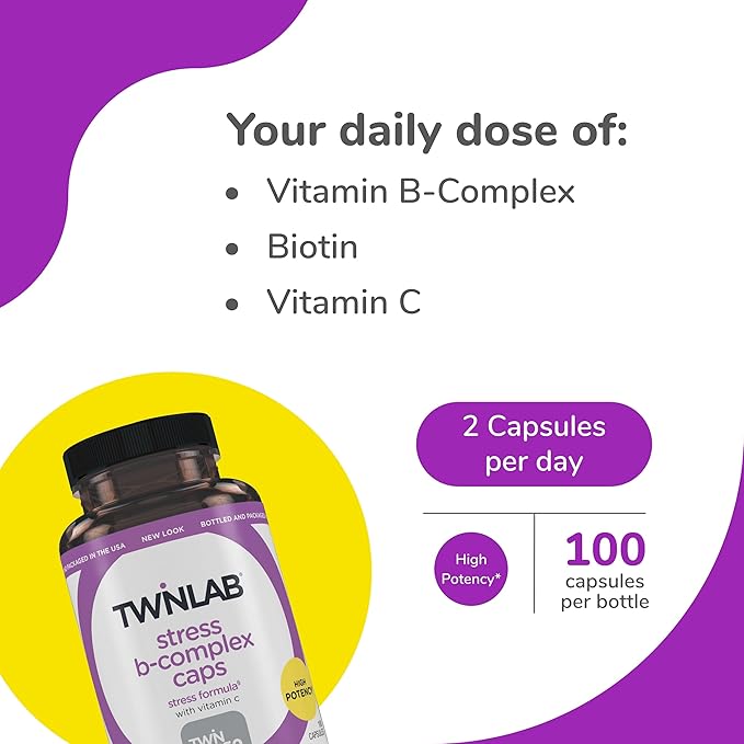 Twinlab Stress B-Complex Caps - Energy Support Supplement with Vitamin B12 and B6-100 Capsules (Pack of 2)